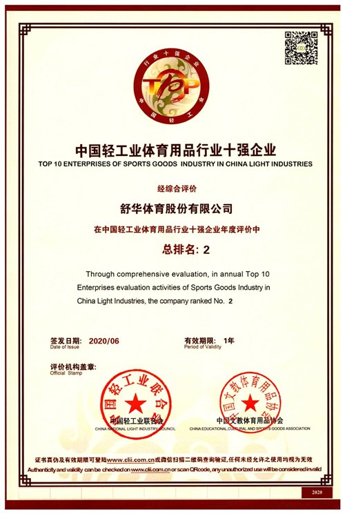 恭贺熊猫体育官网体育代理的品牌-舒华荣获"中国轻工业体育用品行业十强企业"